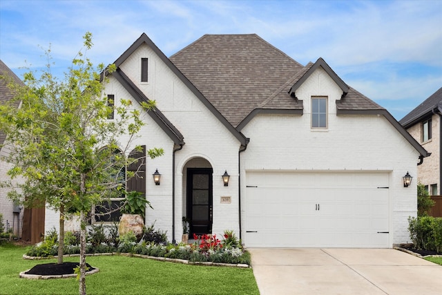 view of front facade with a garage and a front lawn