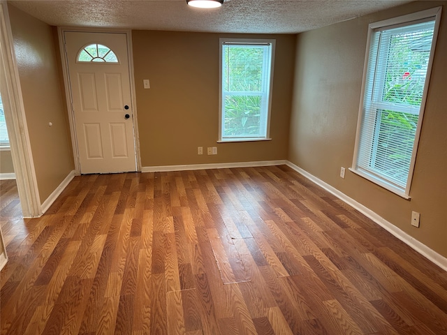 foyer featuring a wealth of natural light, wood-type flooring, and a textured ceiling