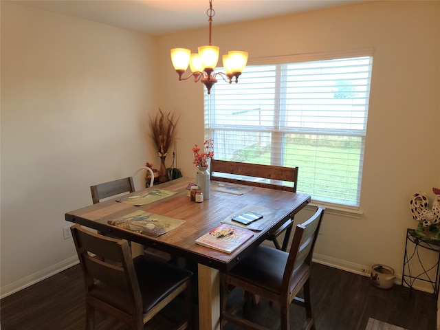 dining space with dark hardwood / wood-style flooring and a notable chandelier