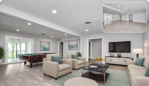 living room featuring pool table, beam ceiling, light wood-type flooring, and plenty of natural light