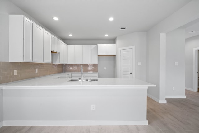 kitchen featuring white cabinetry, sink, kitchen peninsula, light hardwood / wood-style flooring, and decorative backsplash