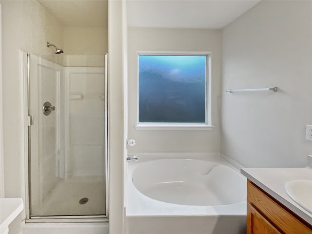 bathroom featuring vanity and independent shower and bath