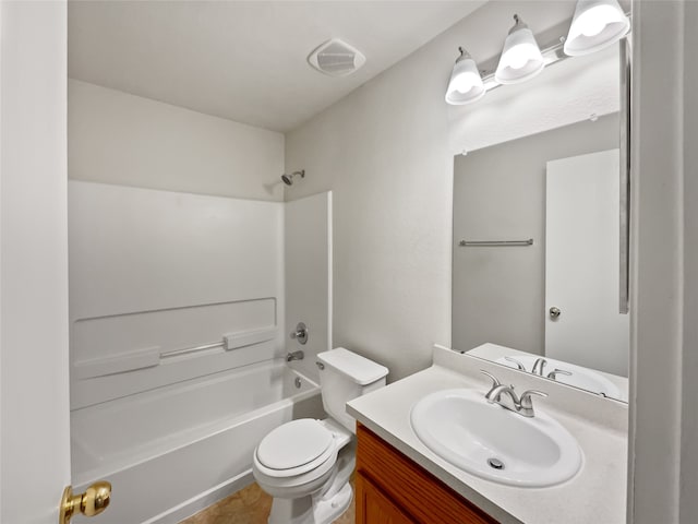 full bathroom featuring toilet, tile flooring, vanity, and shower / bathtub combination