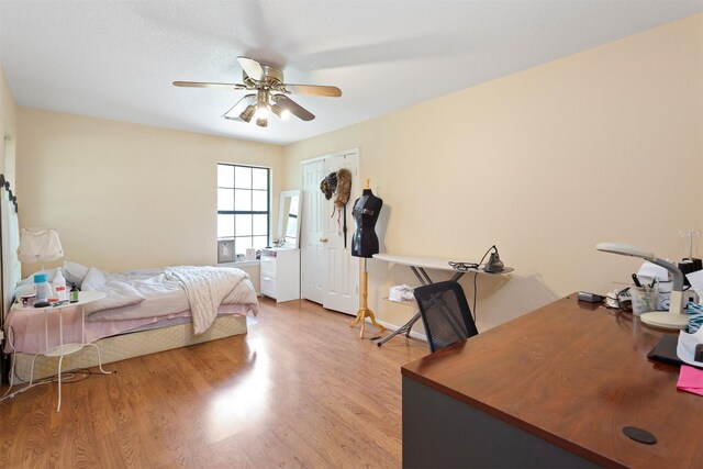 bedroom featuring wood-type flooring, ceiling fan, and a raised ceiling