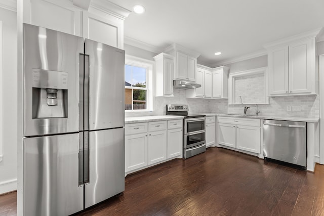 kitchen featuring white cabinets, dark wood-type flooring, stainless steel appliances, sink, and tasteful backsplash