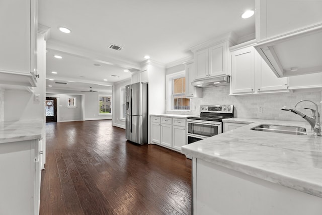 kitchen featuring appliances with stainless steel finishes, dark hardwood / wood-style floors, sink, and white cabinets