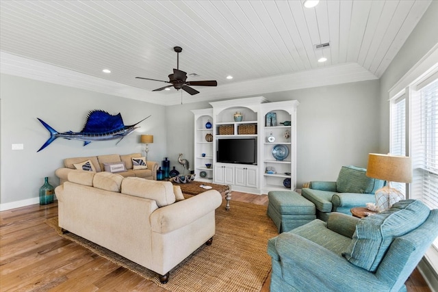 living room with wood ceiling, ceiling fan, and light hardwood / wood-style floors