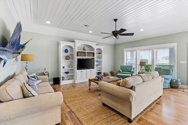 living room with ceiling fan, light wood-type flooring, and wood ceiling