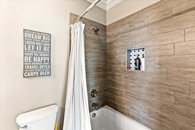 bathroom featuring toilet and shower / bathtub combination with curtain