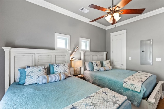 bedroom featuring ornamental molding and ceiling fan