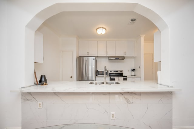 kitchen with sink, stainless steel appliances, light stone counters, kitchen peninsula, and white cabinets