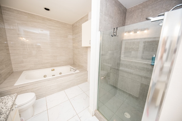 bathroom featuring plus walk in shower, tile walls, and toilet