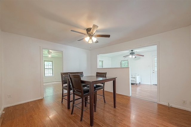 dining space with light hardwood / wood-style flooring and ceiling fan