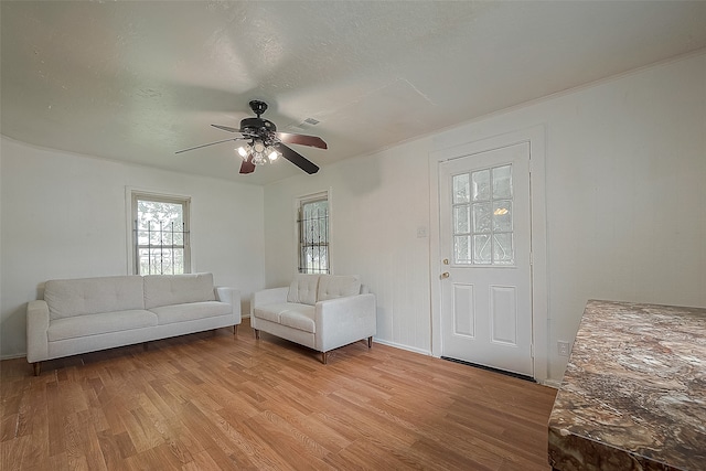 living room with wood-type flooring and ceiling fan