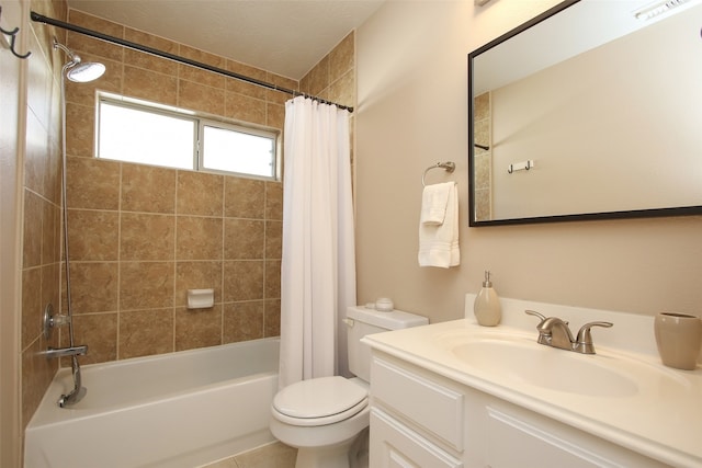 full bathroom with vanity, toilet, tile flooring, and shower / bath combo with shower curtain