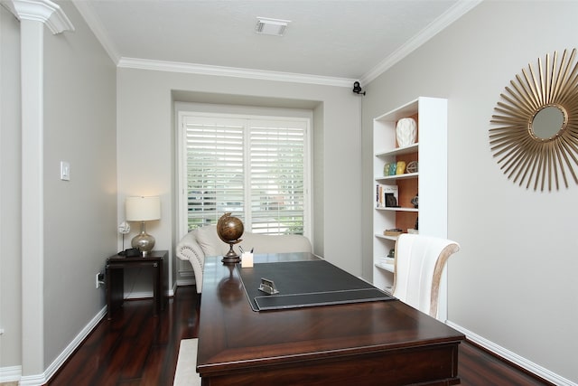 office with dark hardwood / wood-style floors and ornamental molding