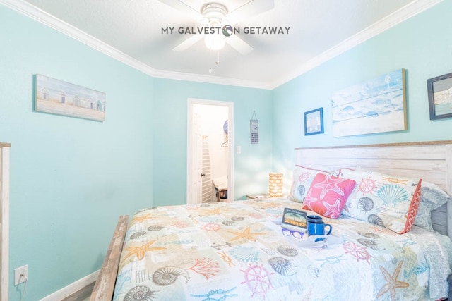 bedroom featuring ceiling fan and crown molding