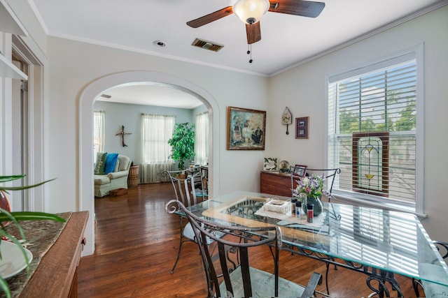 dining space with dark hardwood / wood-style flooring, plenty of natural light, and ceiling fan