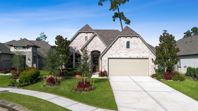 view of front of house featuring concrete driveway, a front lawn, and brick siding