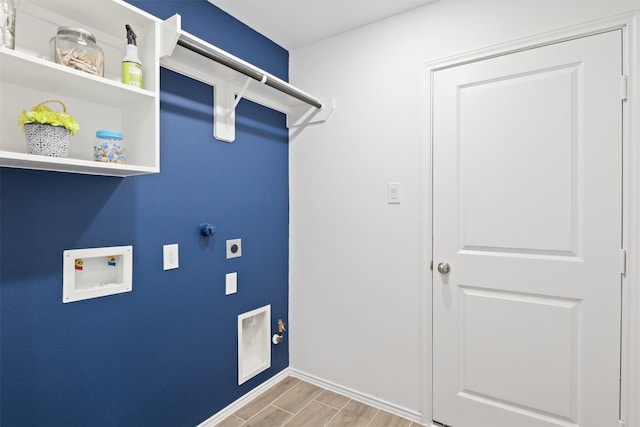 laundry room featuring laundry area, gas dryer hookup, hookup for a washing machine, hookup for an electric dryer, and wood finish floors