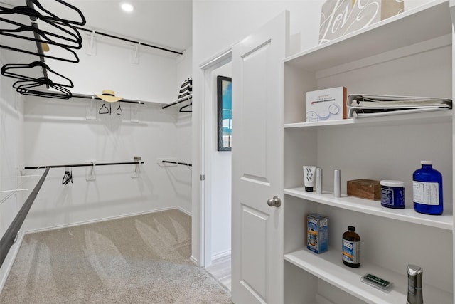 spacious closet featuring light colored carpet