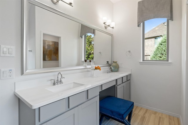 bathroom with double vanity, wood finished floors, a sink, and baseboards