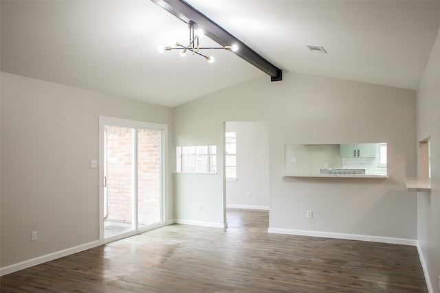 unfurnished living room featuring high vaulted ceiling, a notable chandelier, beam ceiling, and hardwood / wood-style flooring