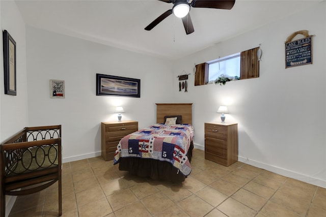 bedroom featuring ceiling fan and light tile patterned flooring