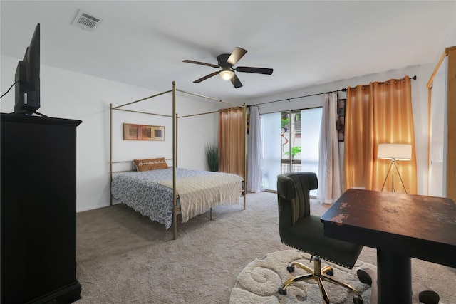 bedroom with access to exterior, carpet floors, and ceiling fan