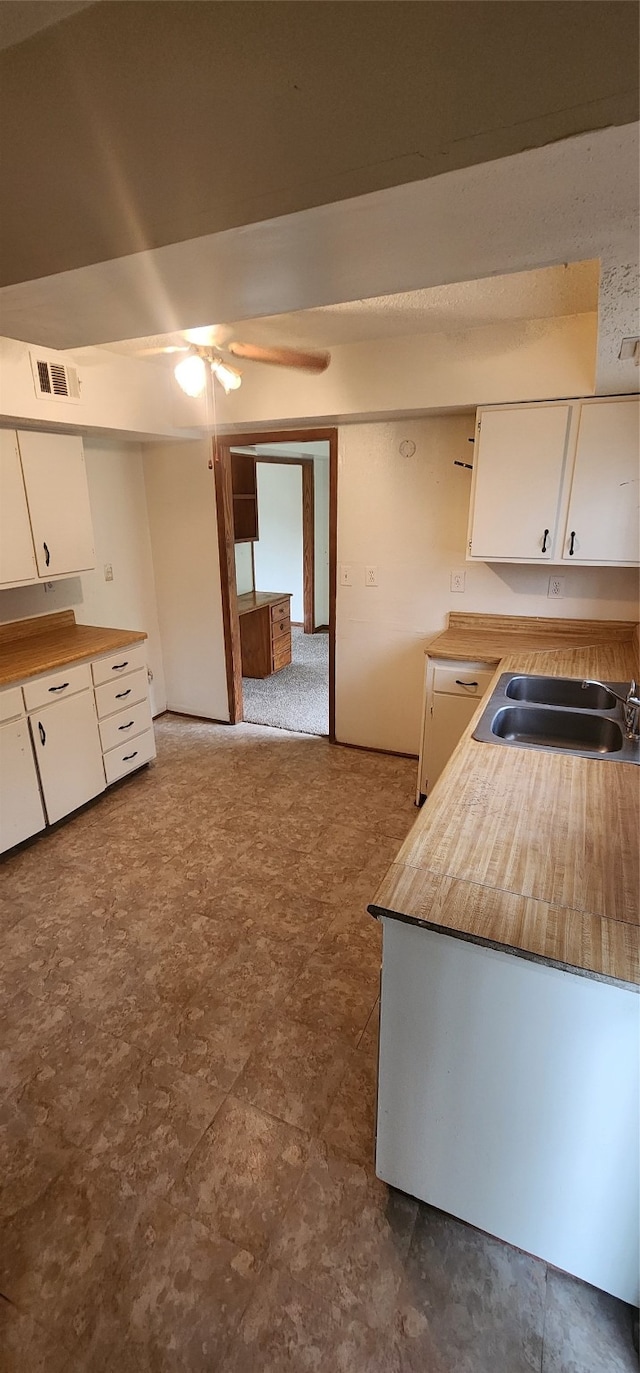 kitchen featuring white cabinetry, sink, and ceiling fan