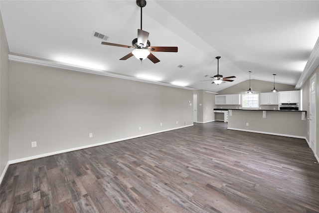 unfurnished living room with ornamental molding, ceiling fan, dark hardwood / wood-style floors, and lofted ceiling