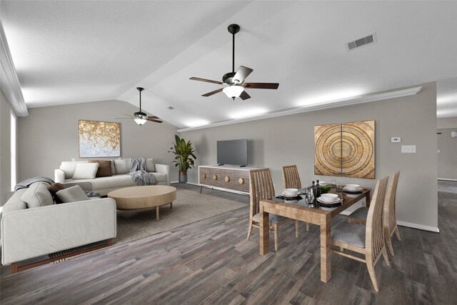 living room featuring ceiling fan, dark hardwood / wood-style flooring, and lofted ceiling