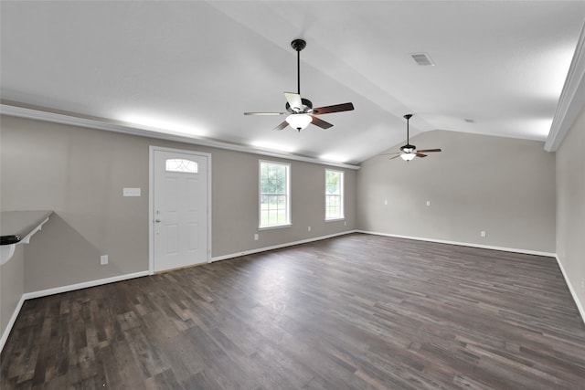 unfurnished living room featuring dark hardwood / wood-style floors, lofted ceiling, and ceiling fan