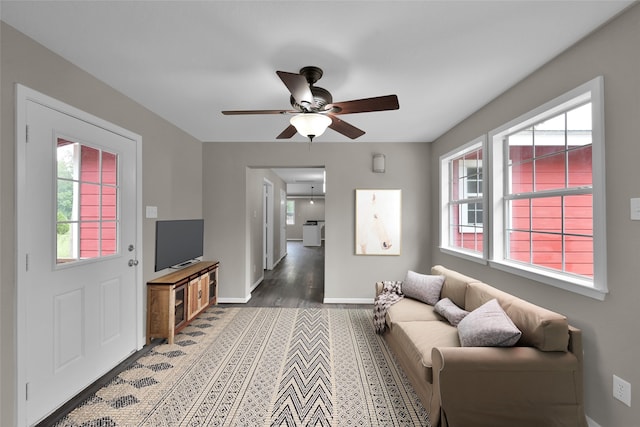 living room featuring ceiling fan and hardwood / wood-style floors