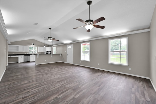 unfurnished living room with crown molding, lofted ceiling, ceiling fan, and dark hardwood / wood-style flooring