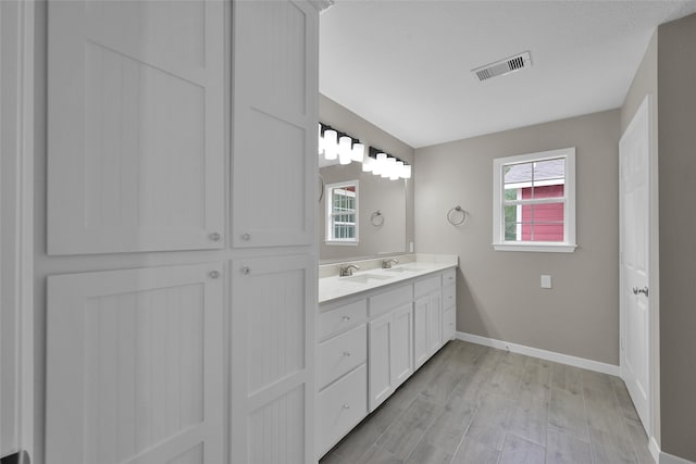 bathroom featuring hardwood / wood-style flooring and dual vanity