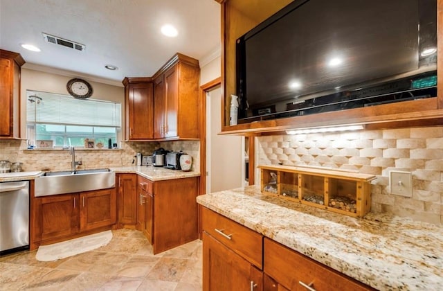 kitchen with sink, tasteful backsplash, dishwasher, and ornamental molding