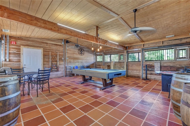 game room featuring tile flooring, ceiling fan, wooden ceiling, and billiards