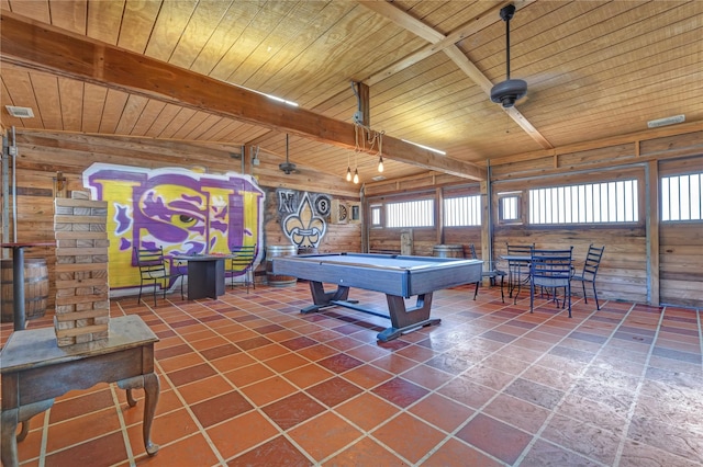 rec room with wooden ceiling, tile floors, and pool table