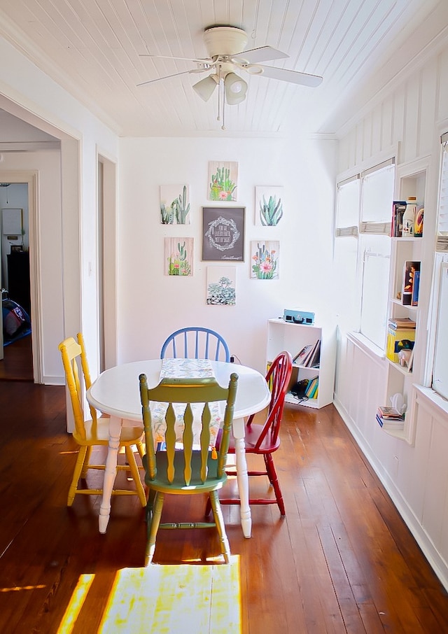 dining space with ceiling fan and wood-type flooring