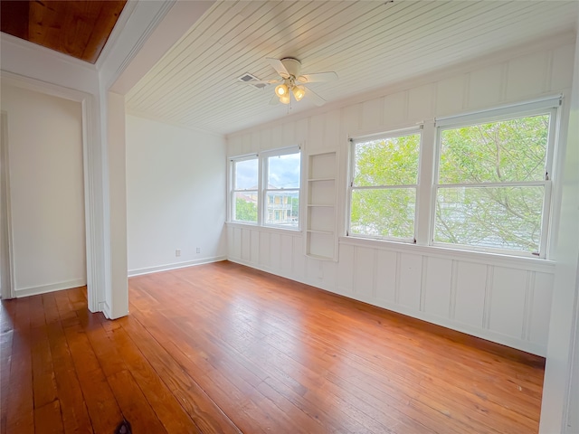 empty room featuring hardwood / wood-style flooring, wood ceiling, and ceiling fan