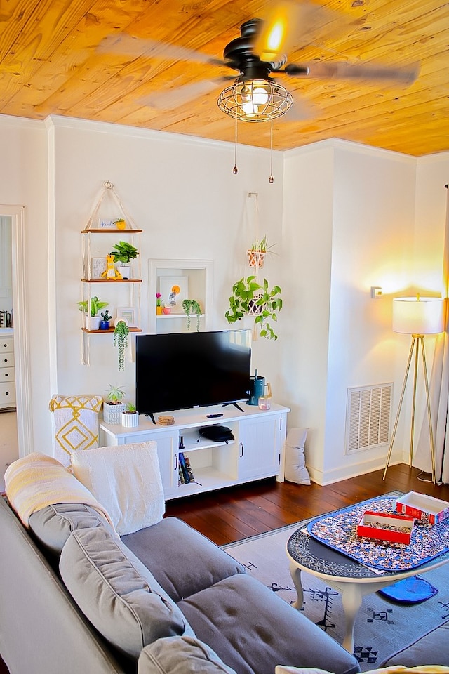 living room with dark hardwood / wood-style floors, ceiling fan, crown molding, and wood ceiling