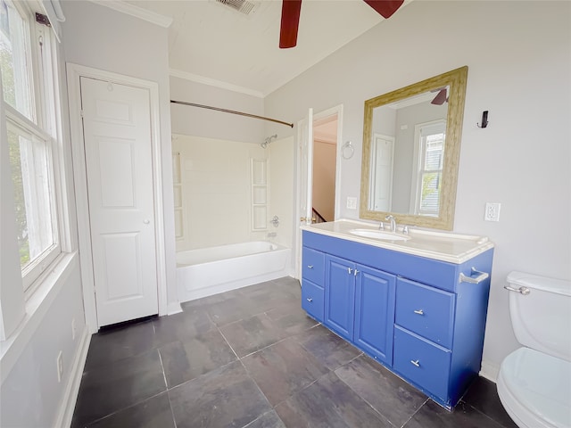 full bathroom with tile floors, vanity, shower / bathing tub combination, ceiling fan, and toilet