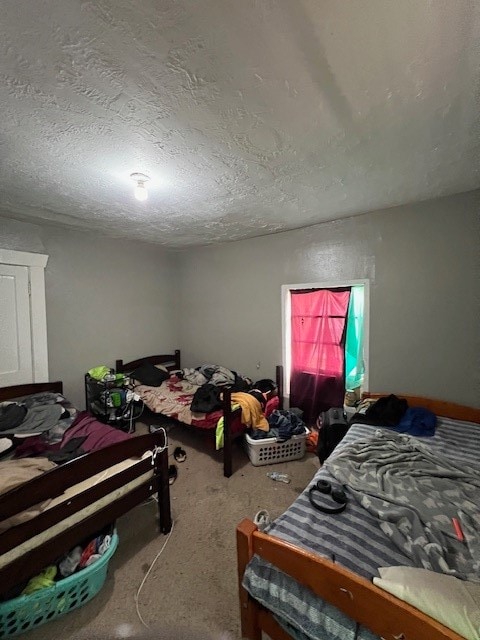 bedroom with carpet floors and a textured ceiling