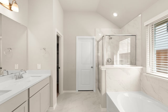 bathroom with vanity, lofted ceiling, and plus walk in shower