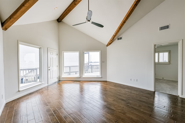 unfurnished living room featuring beam ceiling, ceiling fan, high vaulted ceiling, and a healthy amount of sunlight