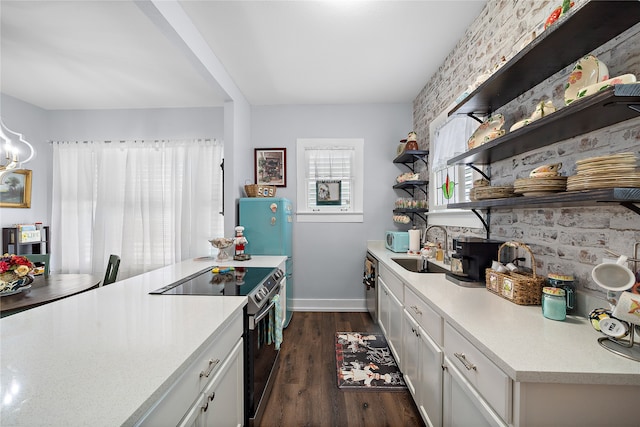 kitchen featuring white cabinetry, sink, dark wood-type flooring, and range with electric cooktop