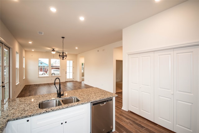 kitchen with white cabinets, sink, ceiling fan, and stainless steel dishwasher