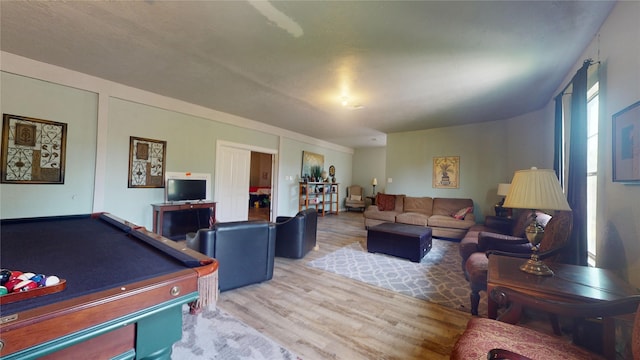 living room featuring light hardwood / wood-style flooring and billiards