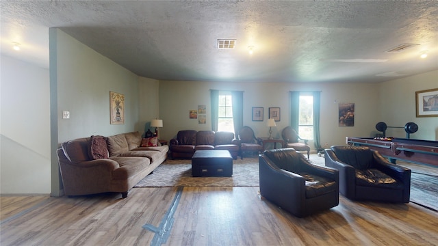 living room with wood-type flooring and a textured ceiling